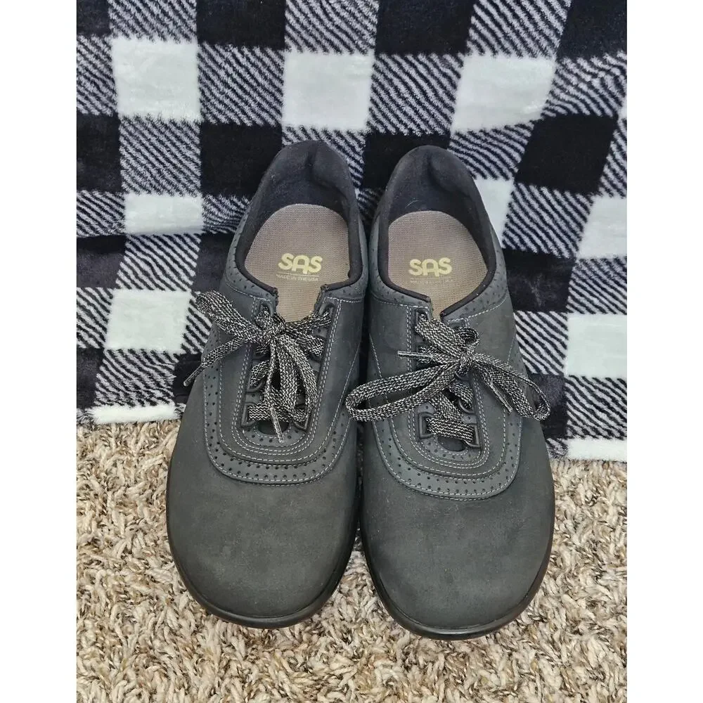 SAS Walk Easy Womens 10W Black Nubuck Leather Comfort Lace Up Walking Shoes